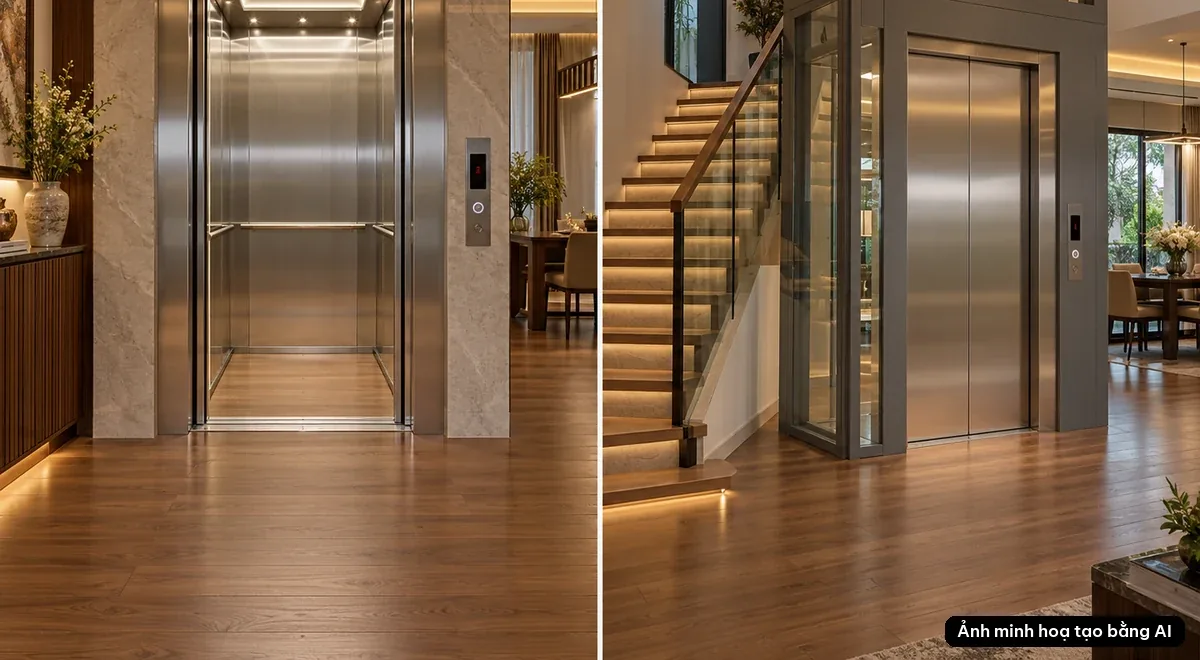 Hai dòng thang máy gia đình: cabin inox trong giếng xây và thang kính khung thép sơn ghi cạnh cầu thang.